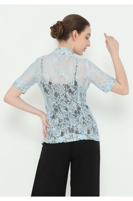 Lyne Halim Blouse Brukat Tangan Pendek Bordir Aplikasi, Biru 8388